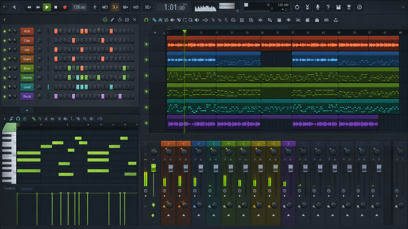 FL Studio-style workspace with Channel Rack, Piano Roll, Playlist, and Mixer