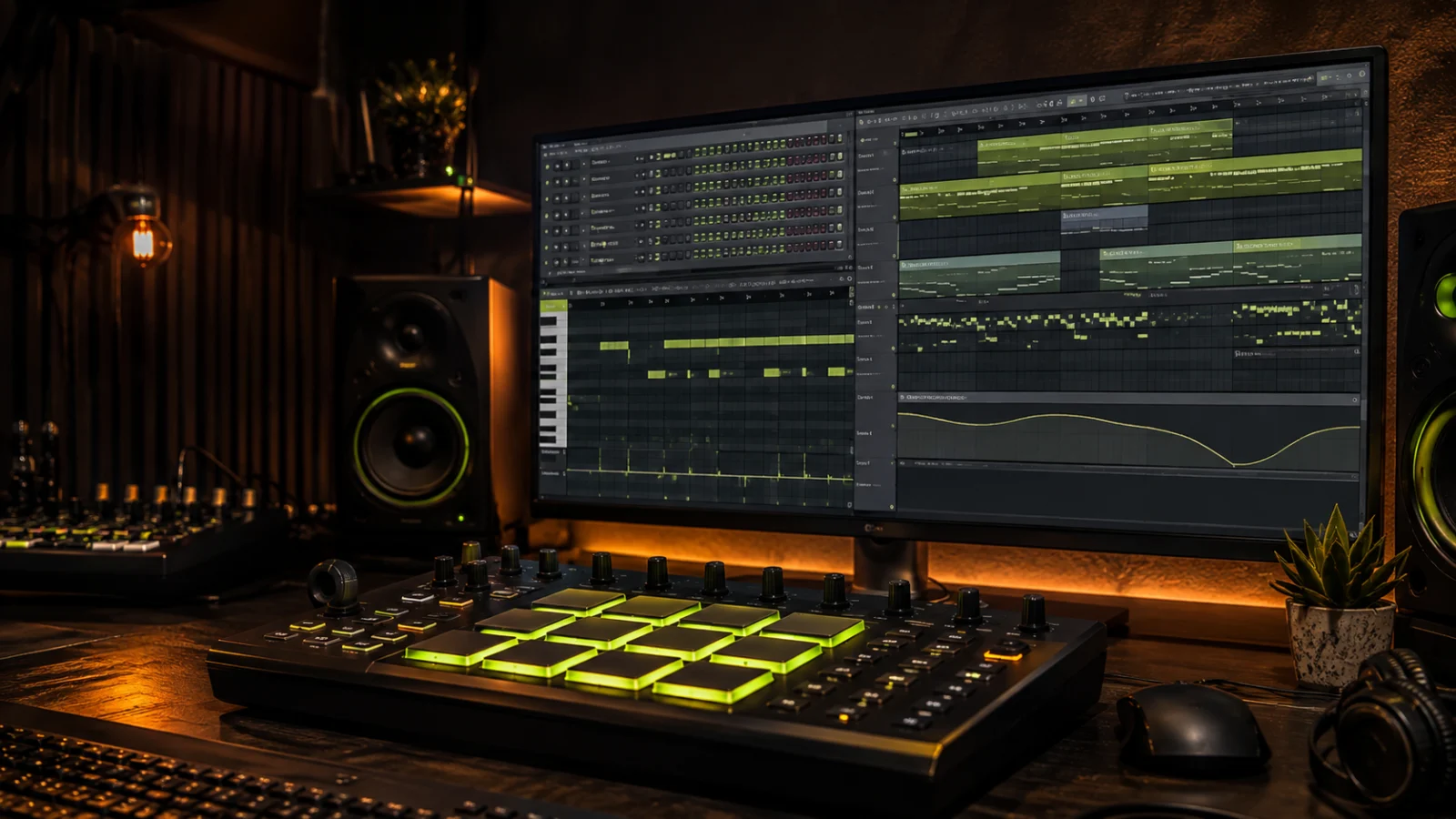 Drum pads, step sequencer, bass notes and arranged beat in a dark production studio