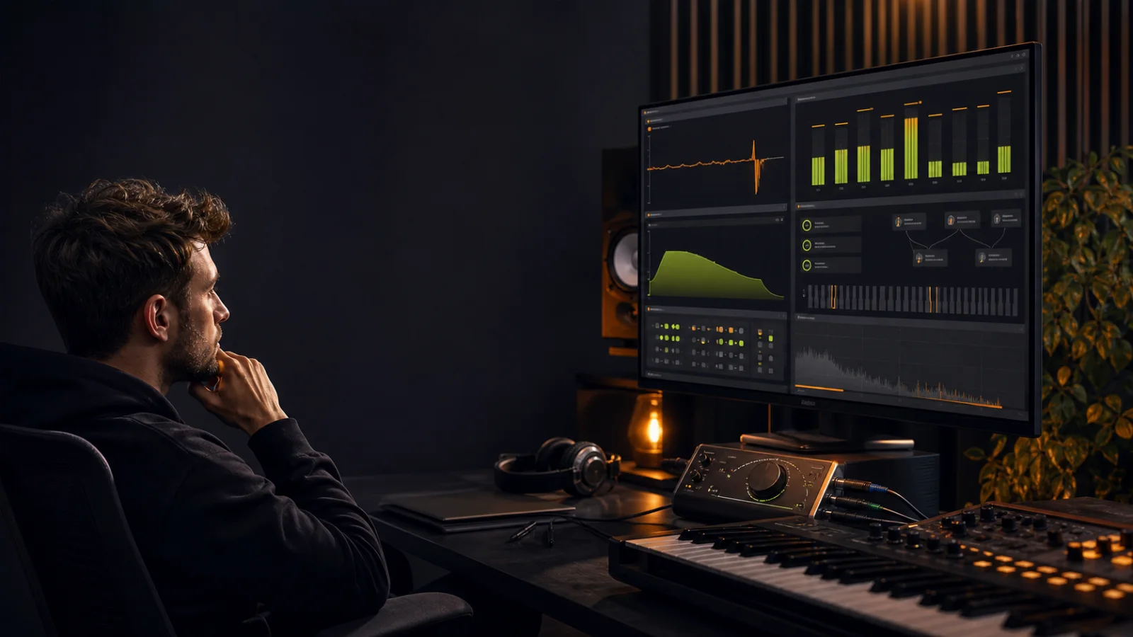 Producer diagnosing CPU load, audio routing and MIDI status in a music project