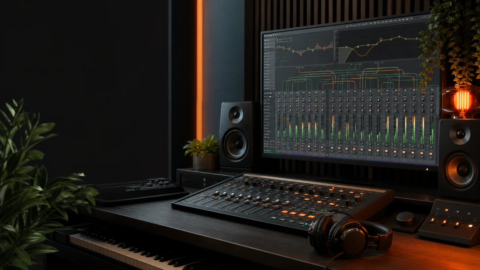 Studio mixing desk with routed channel strips, EQ curves and level meters
