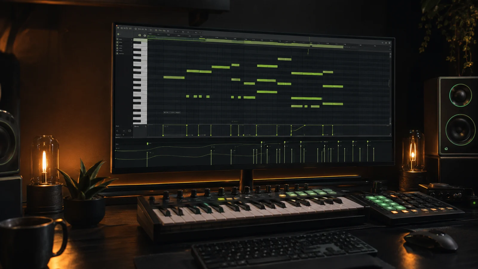 Piano Roll notes, velocity lanes, MIDI keyboard and pad controller in a producer workspace