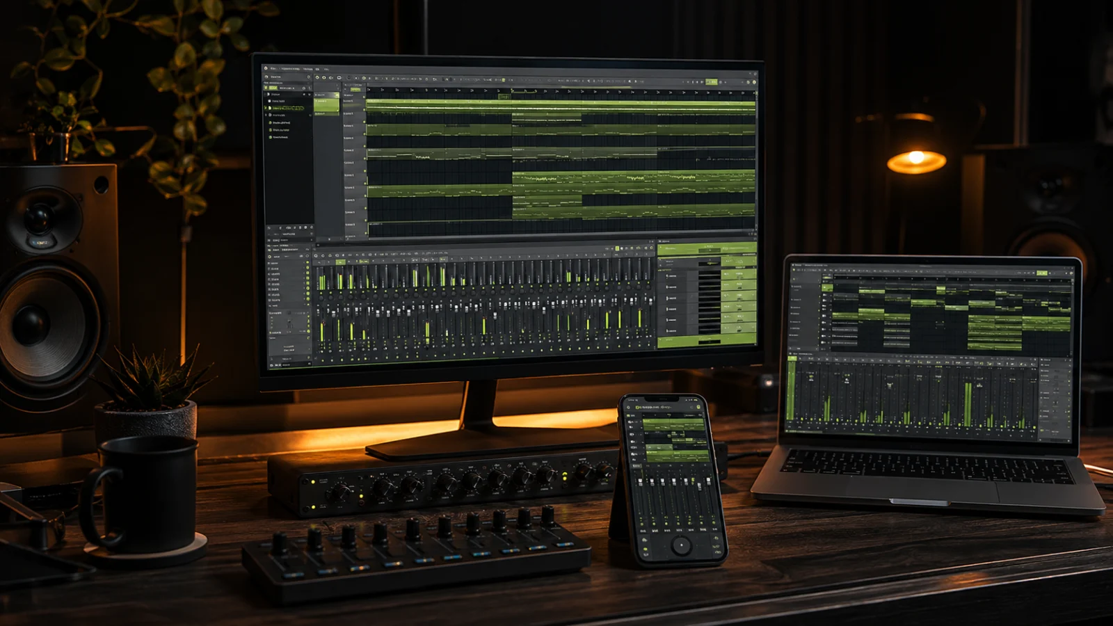 Desktop, laptop and mobile devices running related music projects in one studio