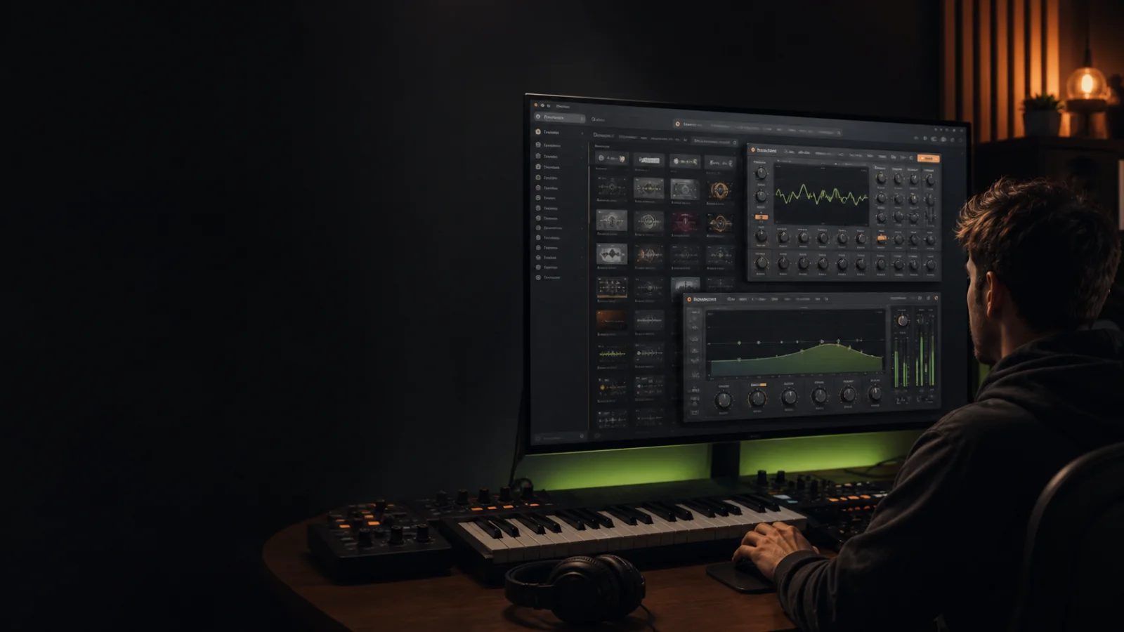 Producer comparing a synthesizer and audio effect in an organized plugin browser