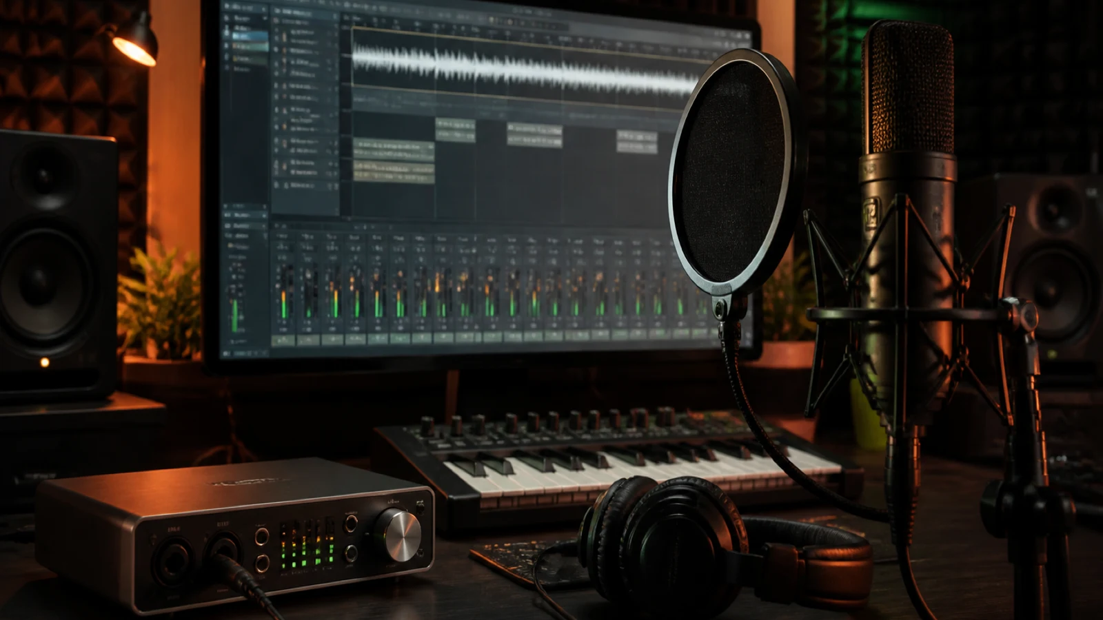 Home studio microphone, audio interface and recorded waveform ready for editing