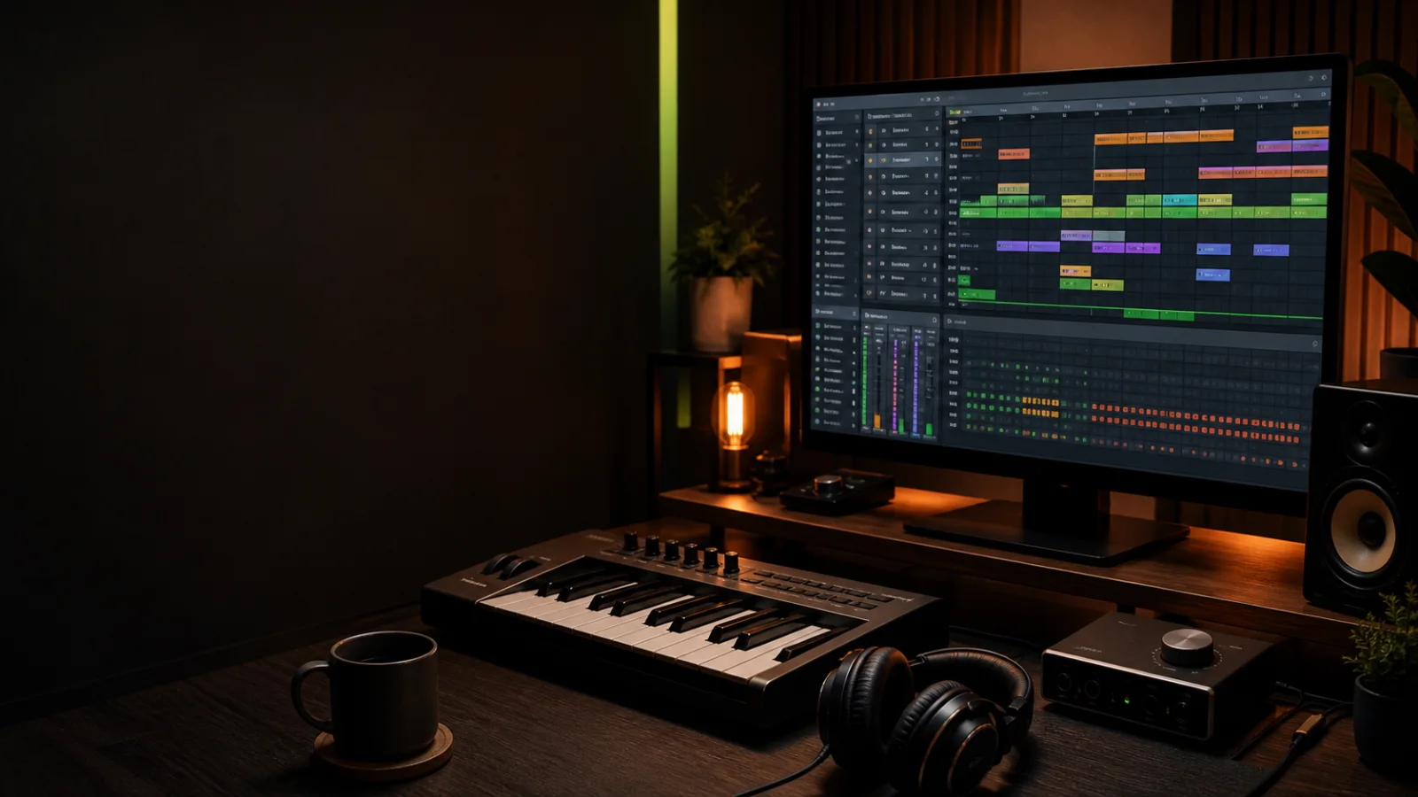 Beginner music-production desk with a MIDI keyboard and pattern-based DAW project