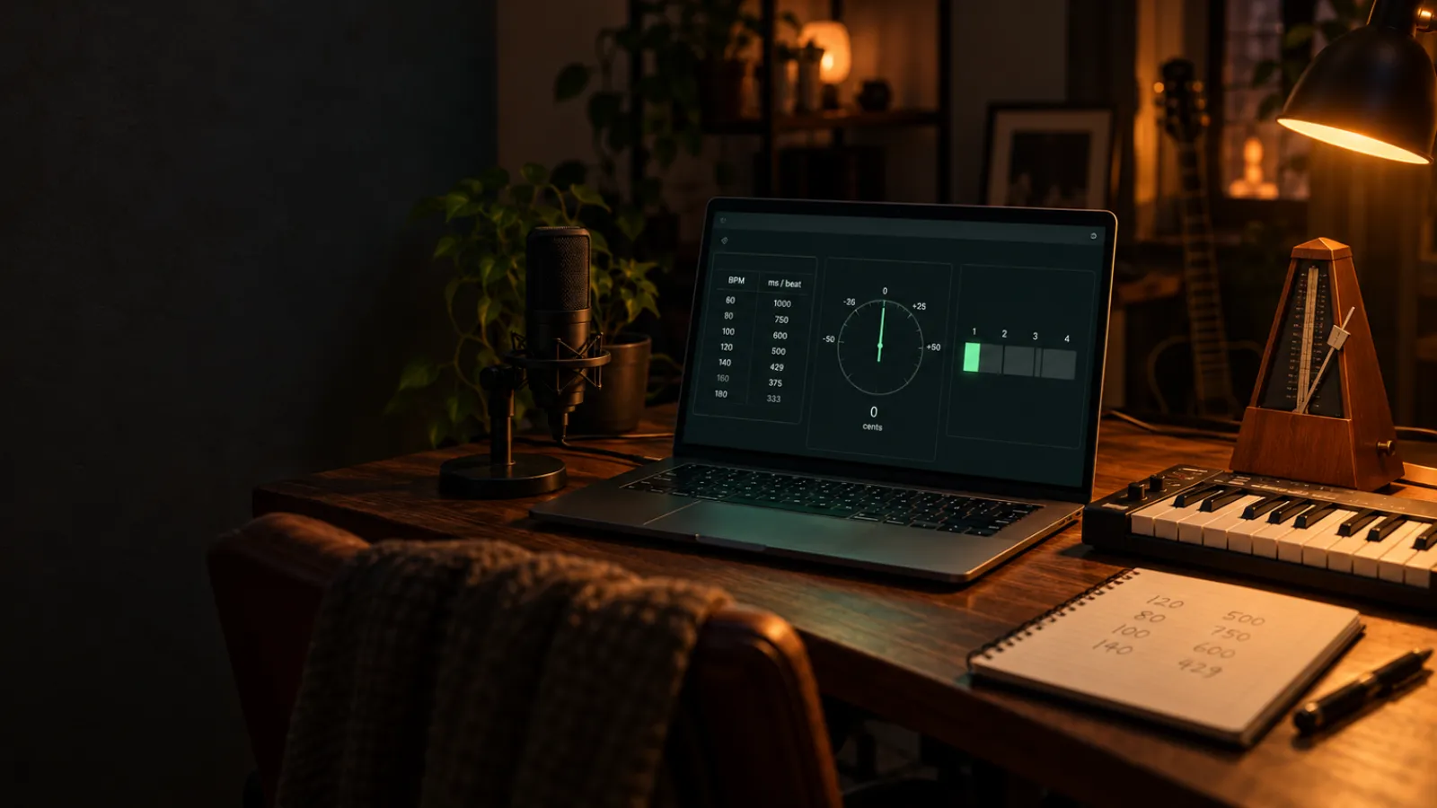 Home studio desk at night with a laptop showing a tempo-to-milliseconds table and a cents meter, beside a microphone, MIDI keyboard, metronome and handwritten tempo notes