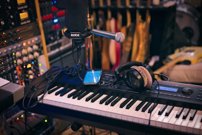 A studio corner with a MIDI keyboard, microphone and headphones