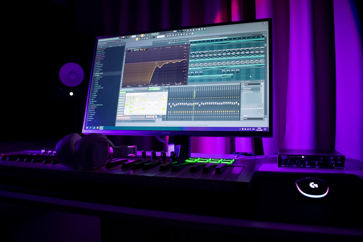 A production desk with an FL Studio arrangement on screen under purple light